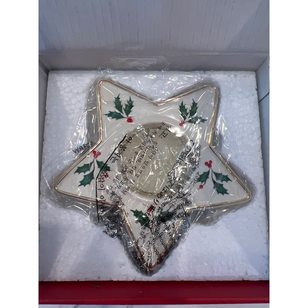 Lenox Holiday Star Votive Porcelain Candle Holder Holly Berry Gold Trim - Picture 7 of 8